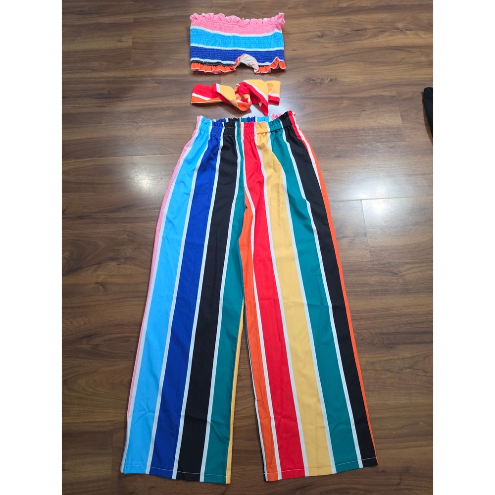 NWT SHEIN 3pc Set M Multicolor Stripe Smocked Top Wide Leg Pants Headband